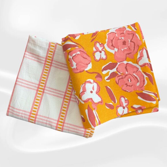 🌸 Floral + Plaid Cotton Tea Towel Set | Retro Orange & Pink Kitchen Towels - Picture 2 of 3